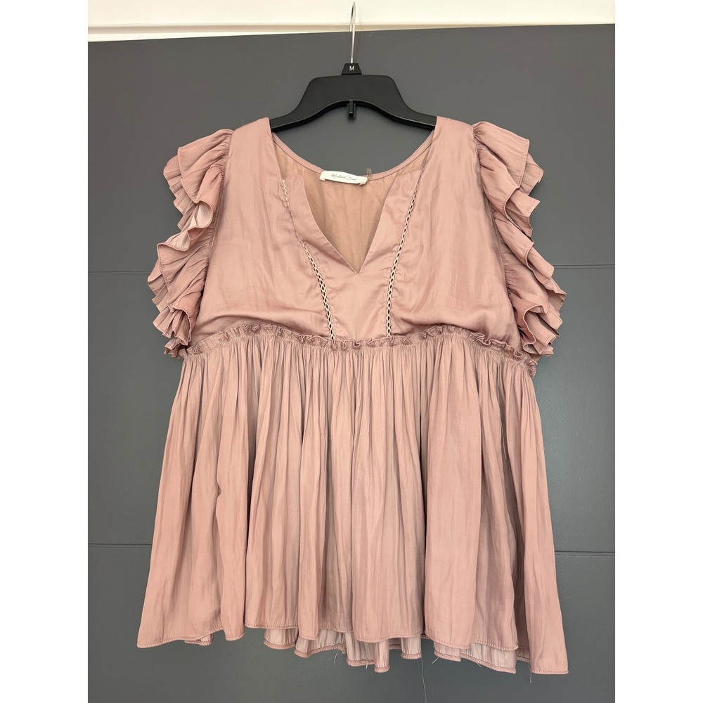 Mustard Seed Dusty Rose Ruffle Sleeve Babydoll Blouse V-Neck Boho Top Medium